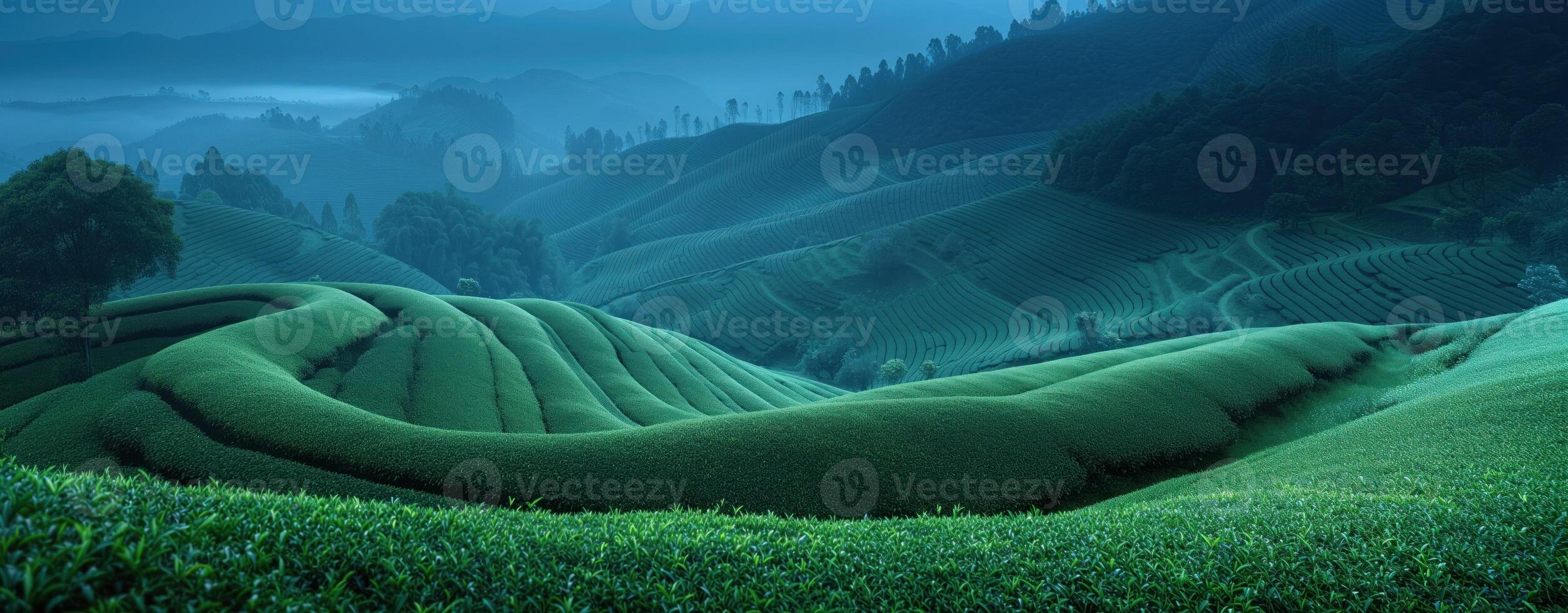 ai genererad te plantage grön landskap i de bergen foto