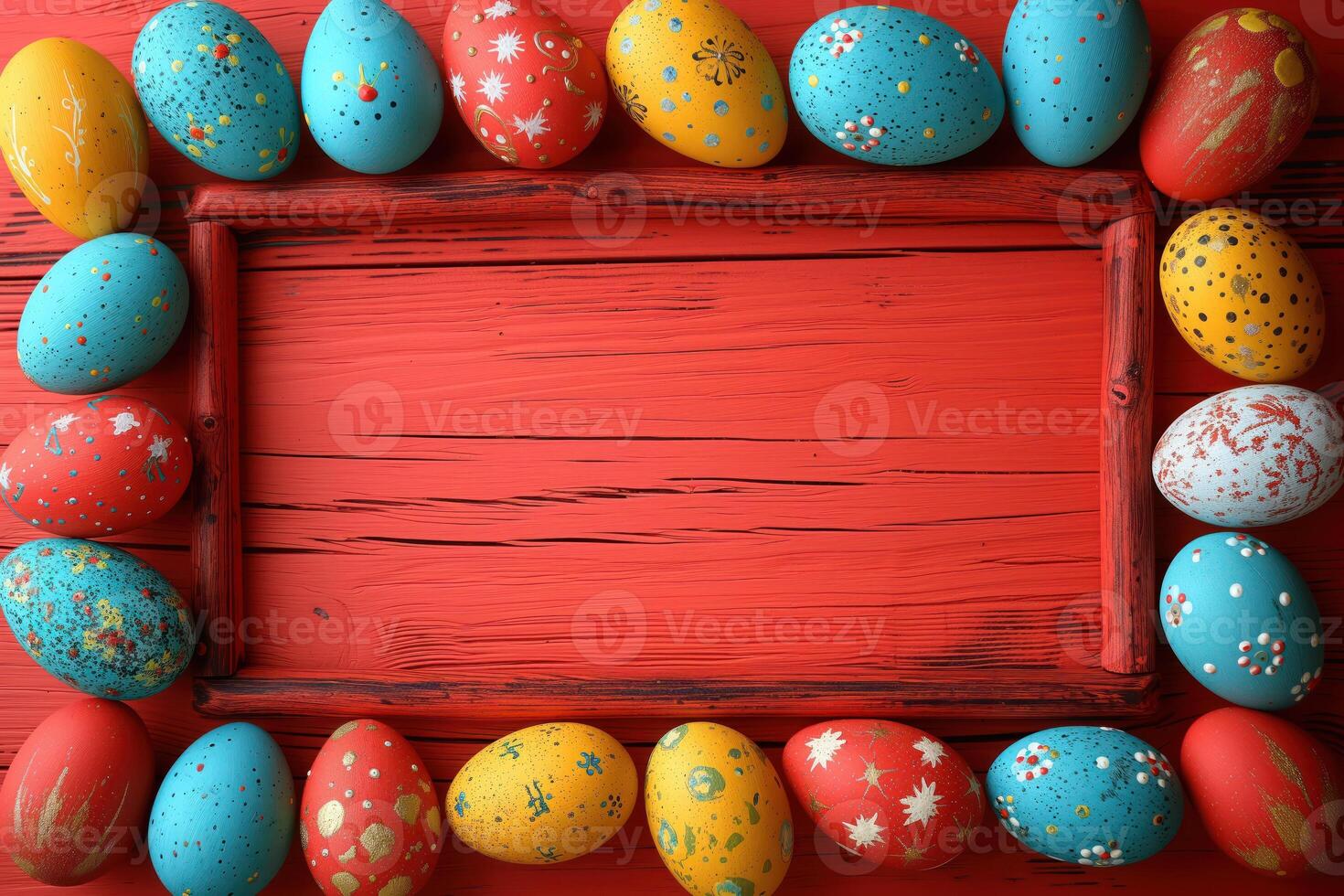 ai genererad färgrik trä- påsk ägg göra upp en ram foto
