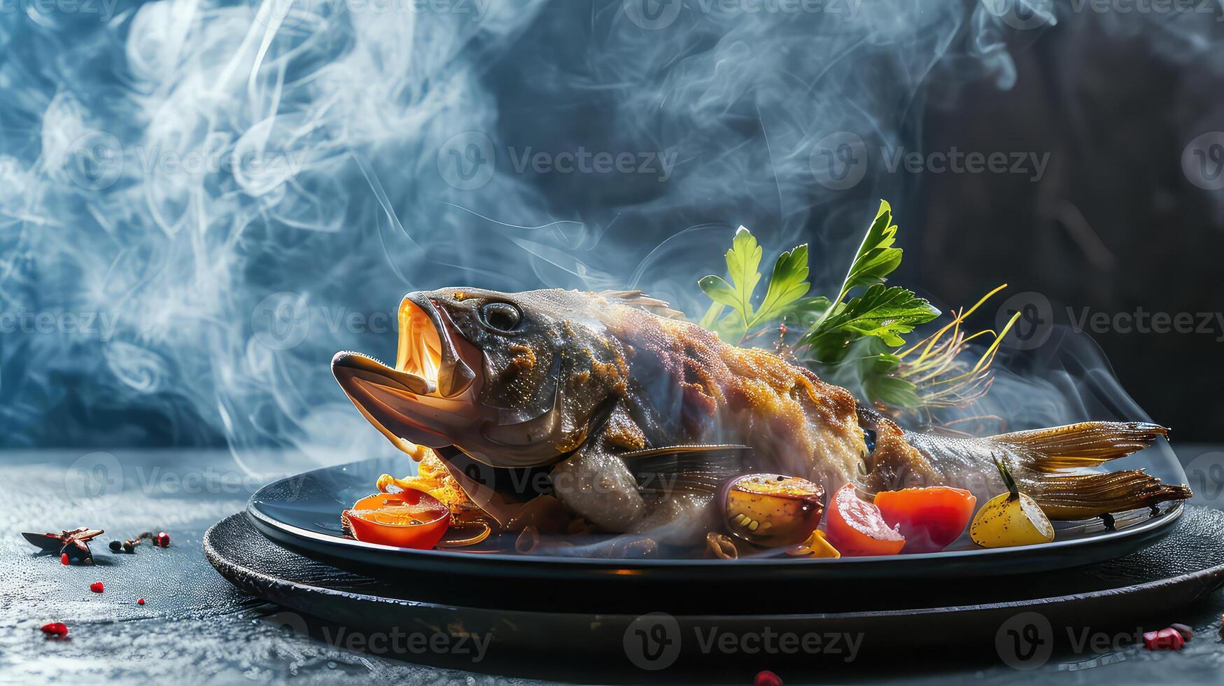 ai genererad grillad fisk med grönsaker och rök på en svart tallrik på en mörk bakgrund foto