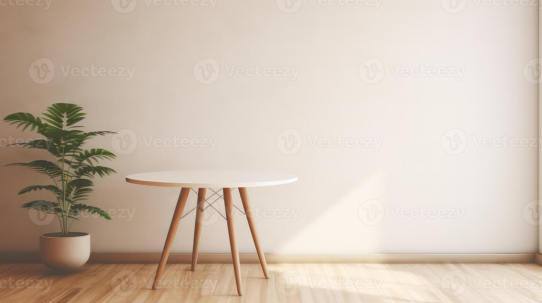 ai genererad minimalistisk levande rum interiör med vit väggar, trä- golv och runda kaffe tabell. foto