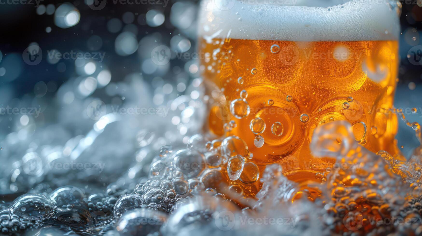 ai genererad häller öl med skum bubblor i glas för bakgrund på främre se av vågor, dricka alkohol foto