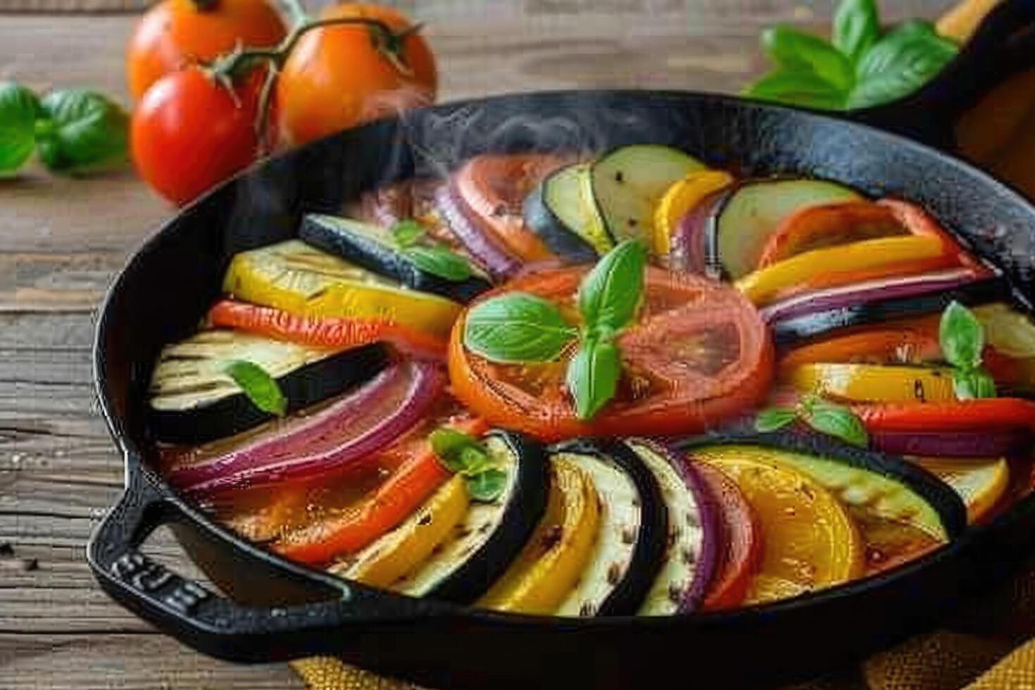 ai genererad traditionell franska ratatouille med tomater, äggplanta och zucchini, topp se, kopia Plats foto