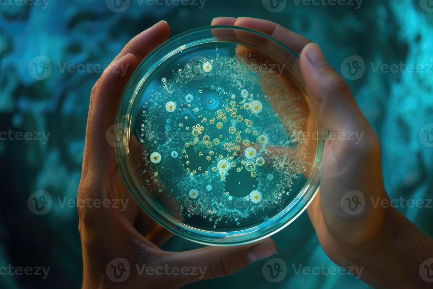 ai genererad vetenskapsmän hand i handske innehav petri maträtter med bakteriell kolonier kultur foto
