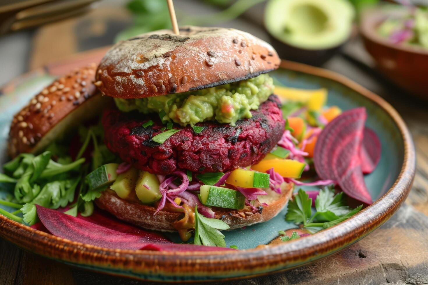 ai genererad vegan beta kikärt hamburgare med grönsaker, guacamole foto