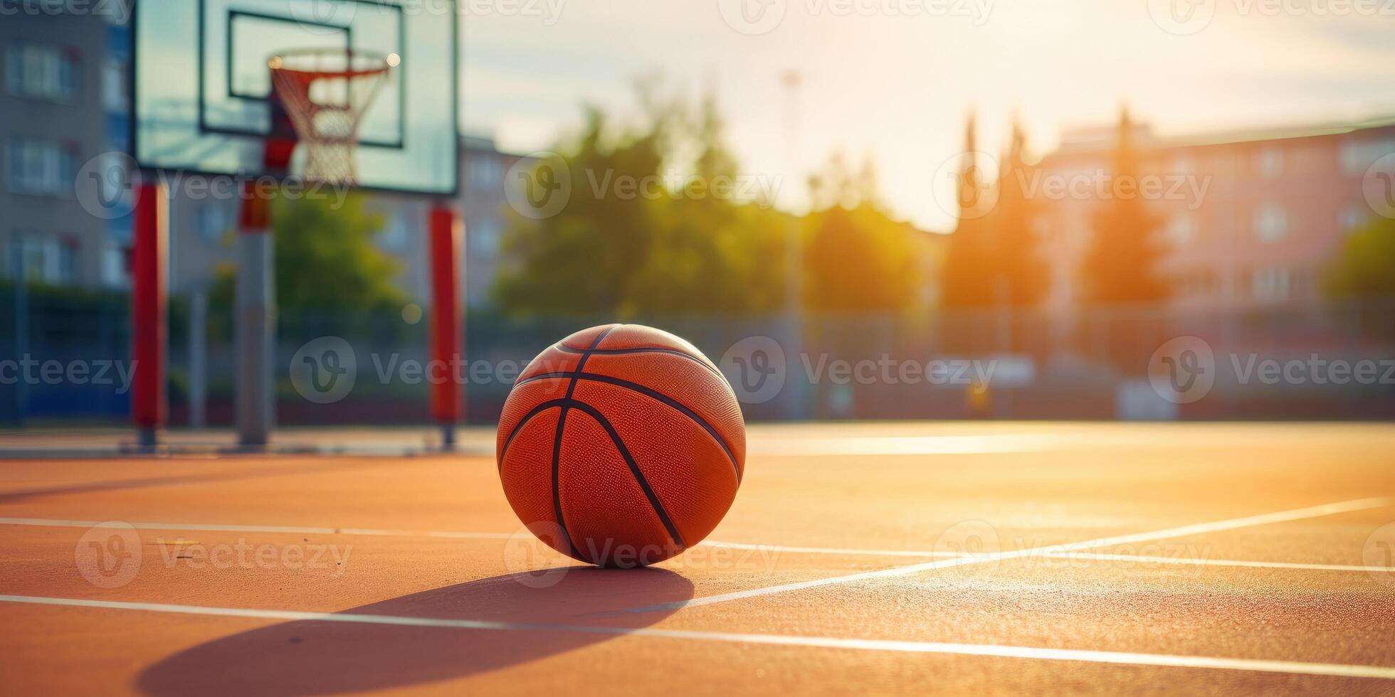 ai genererad närbild av en basketboll på en solig utomhus- domstol. generativ ai foto