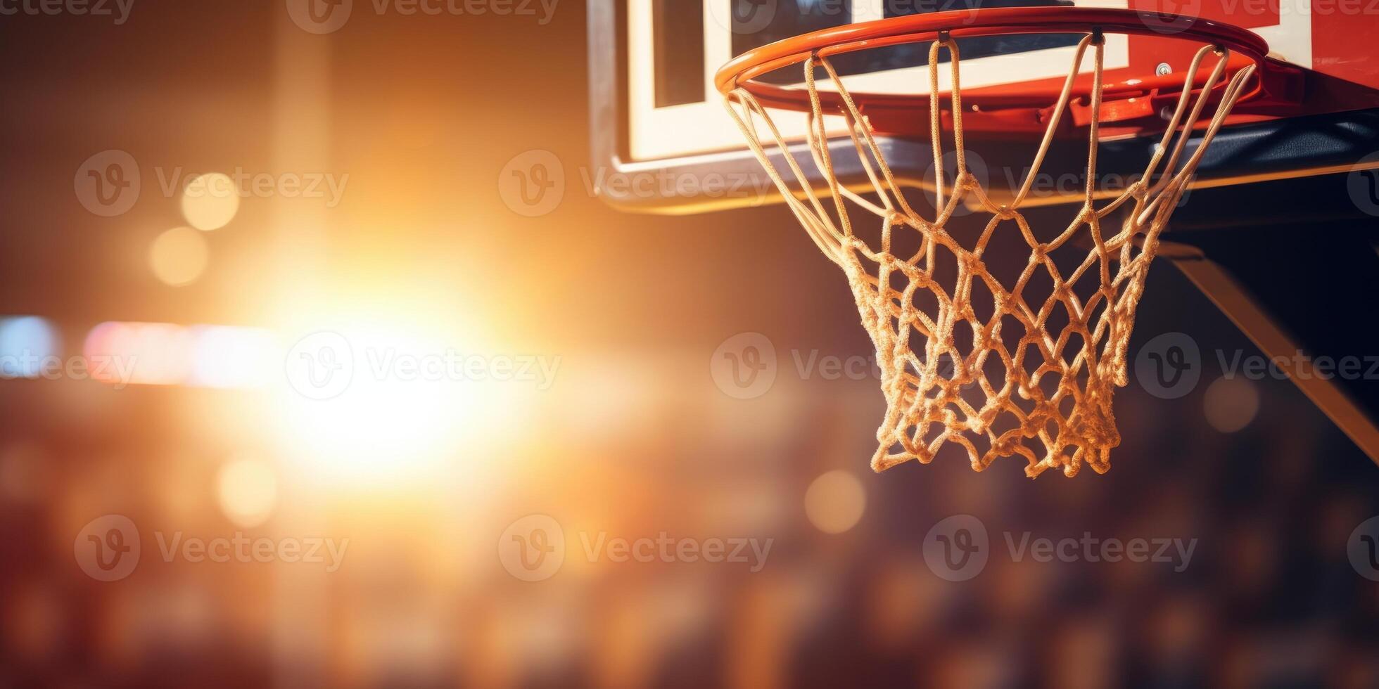 ai genererad basketboll ring med netto silhouetted förbi en värma ljus. närbild med kopia Plats. generativ ai foto