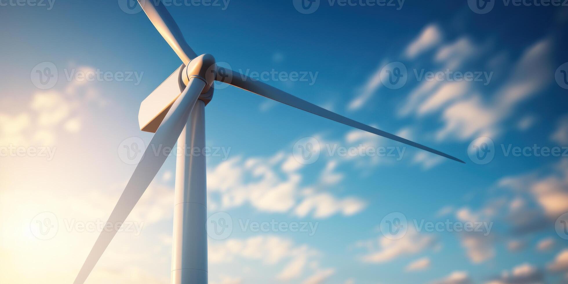 ai genererad väderkvarn turbin närbild med blå himmel bakgrund. vind energi, förnybar hållbar elektrisk kraft. foto