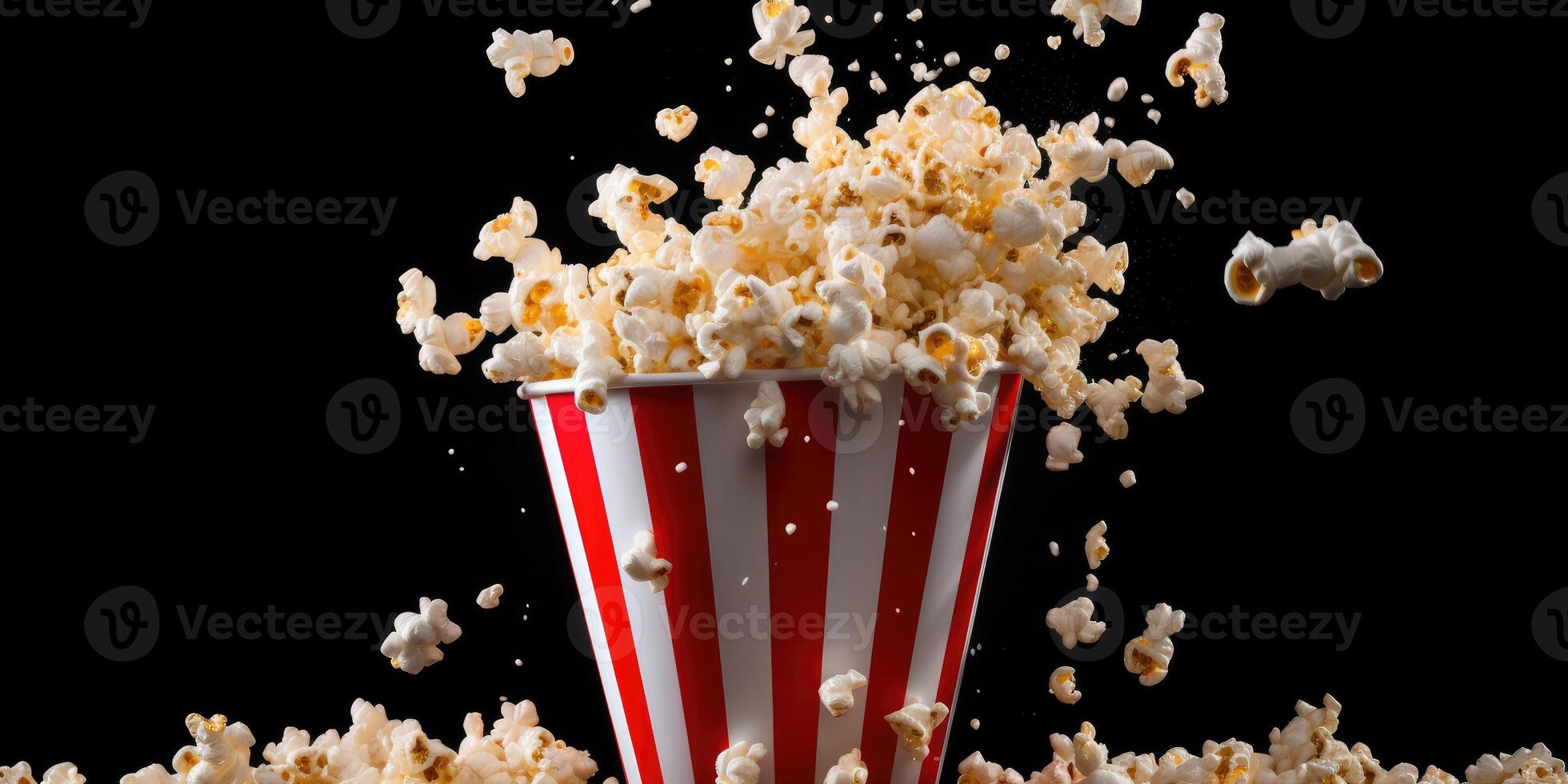 ai genererad popcorn exploderande inuti de randig kartong hink på svart bakgrund. främre se. generativ ai foto