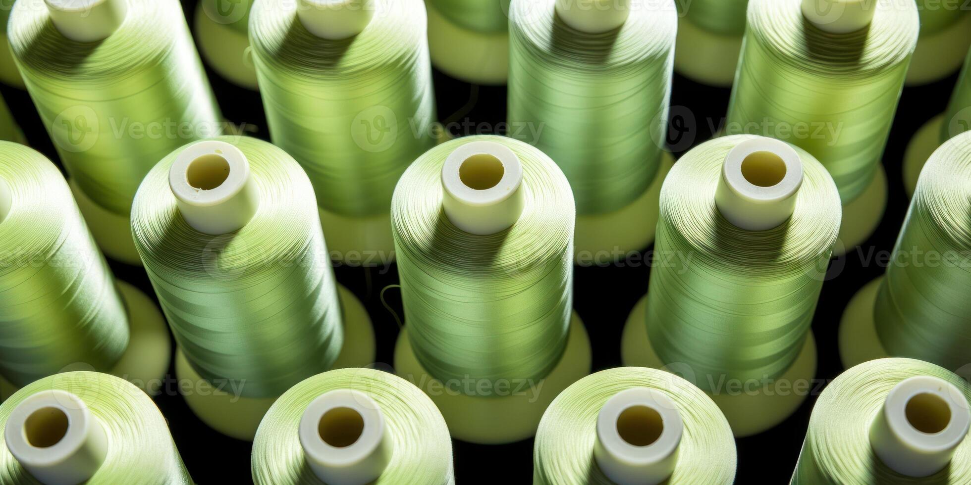 ai genererad rader av vibrerande grön tråd spolar. spole garn, textil- industri. generativ ai foto