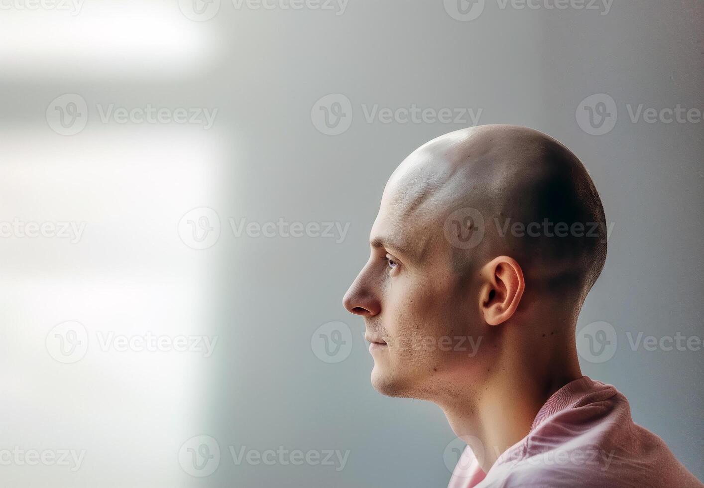 ai genererad en man sitter med hans skallig huvud vände sig till hans sida foto
