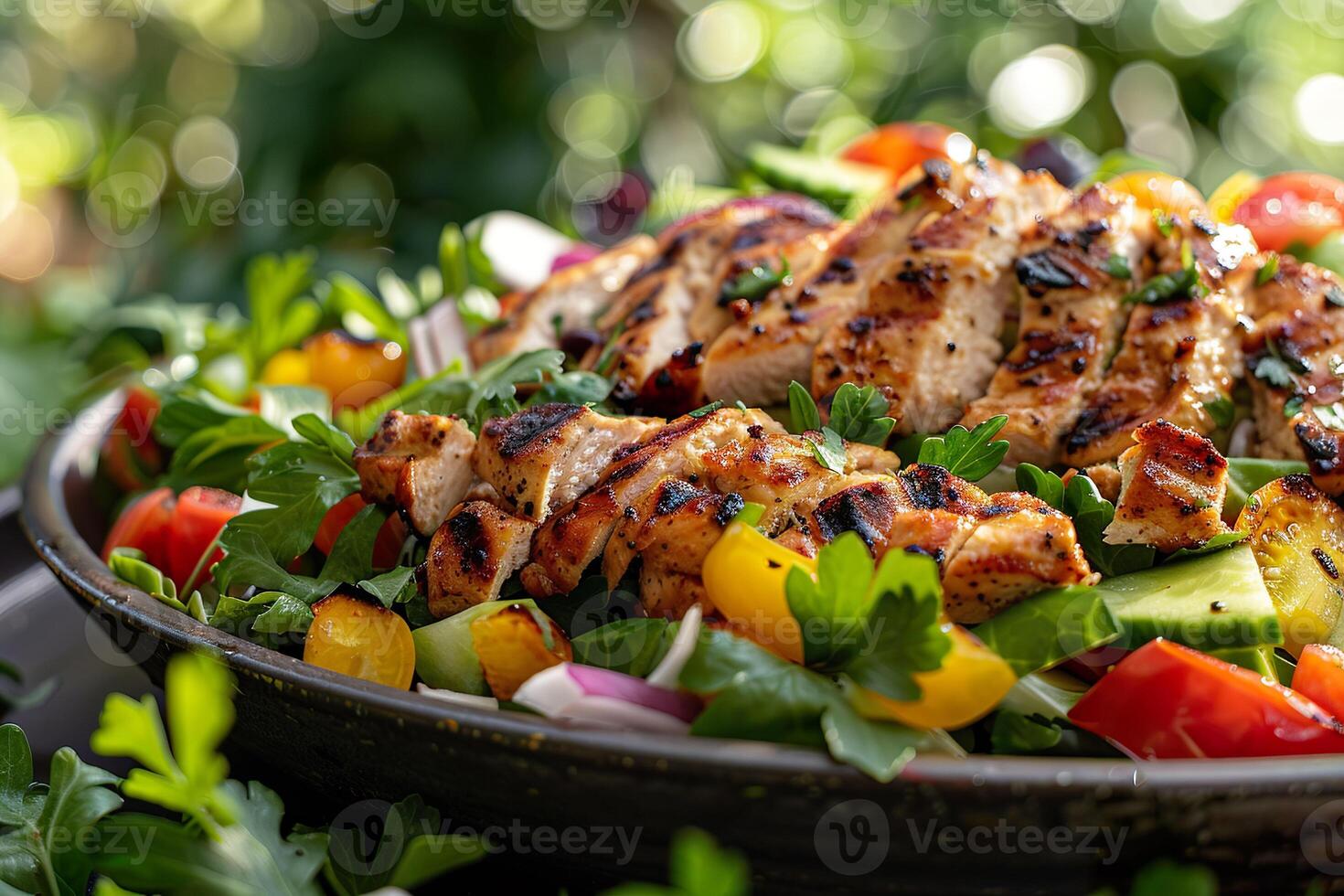 ai genererad en anbud, grillad kyckling skivor parade med vibrerande sommar grönsaker och gröna, badade i naturlig solljus. generativ ai. foto