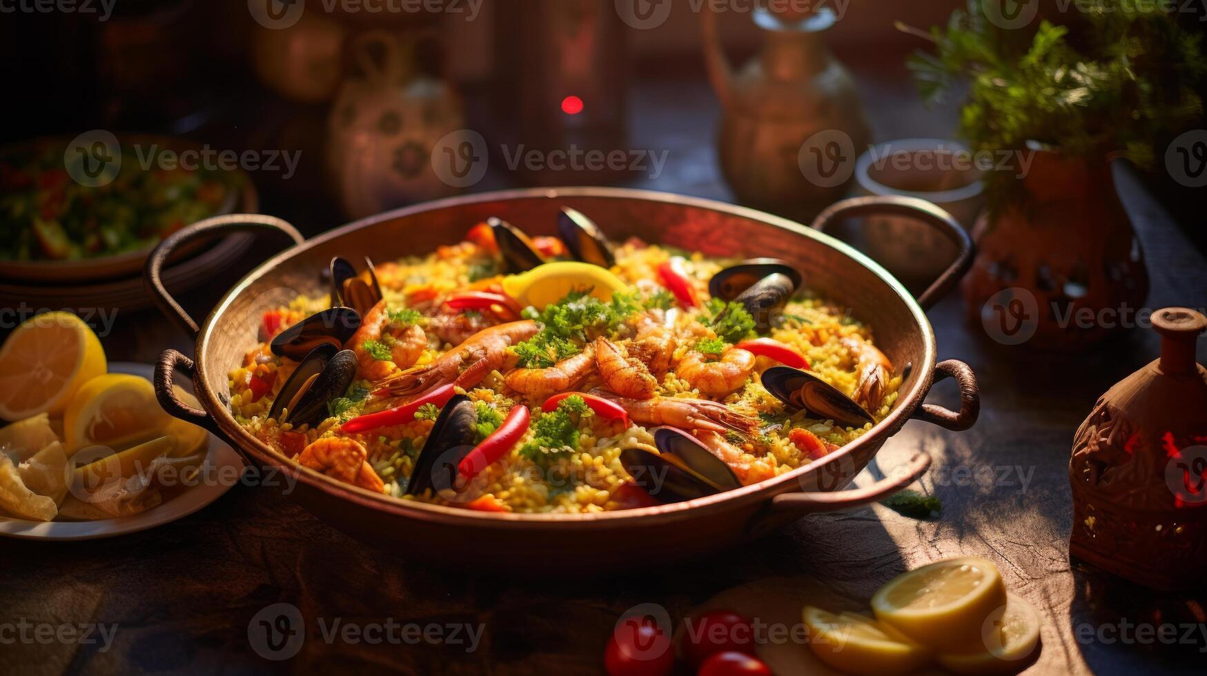 ai genererad typisk spanska skaldjur paella i traditionell panorera. neuralt nätverk ai genererad foto