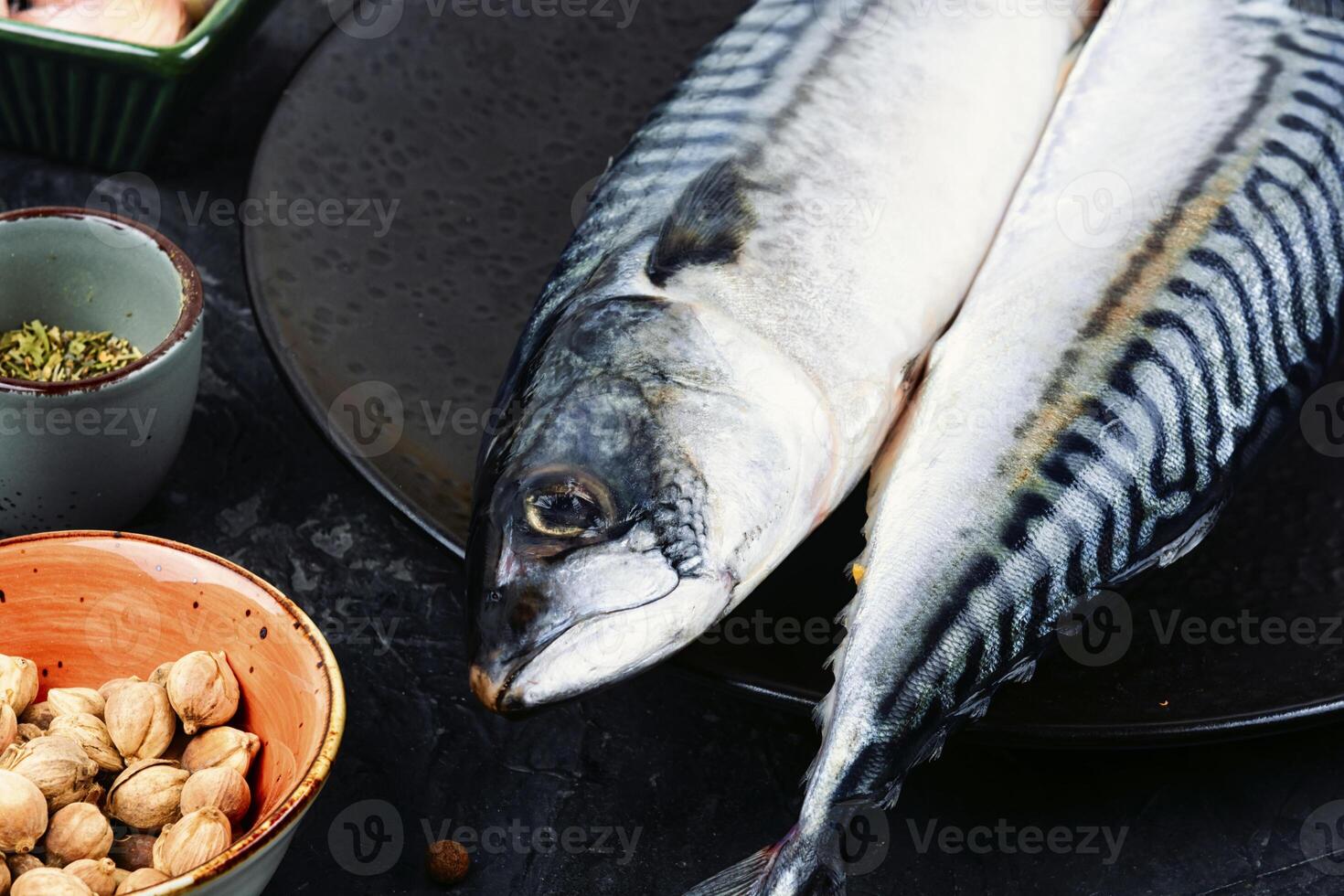 rå makrill fisk med Ingredienser. foto