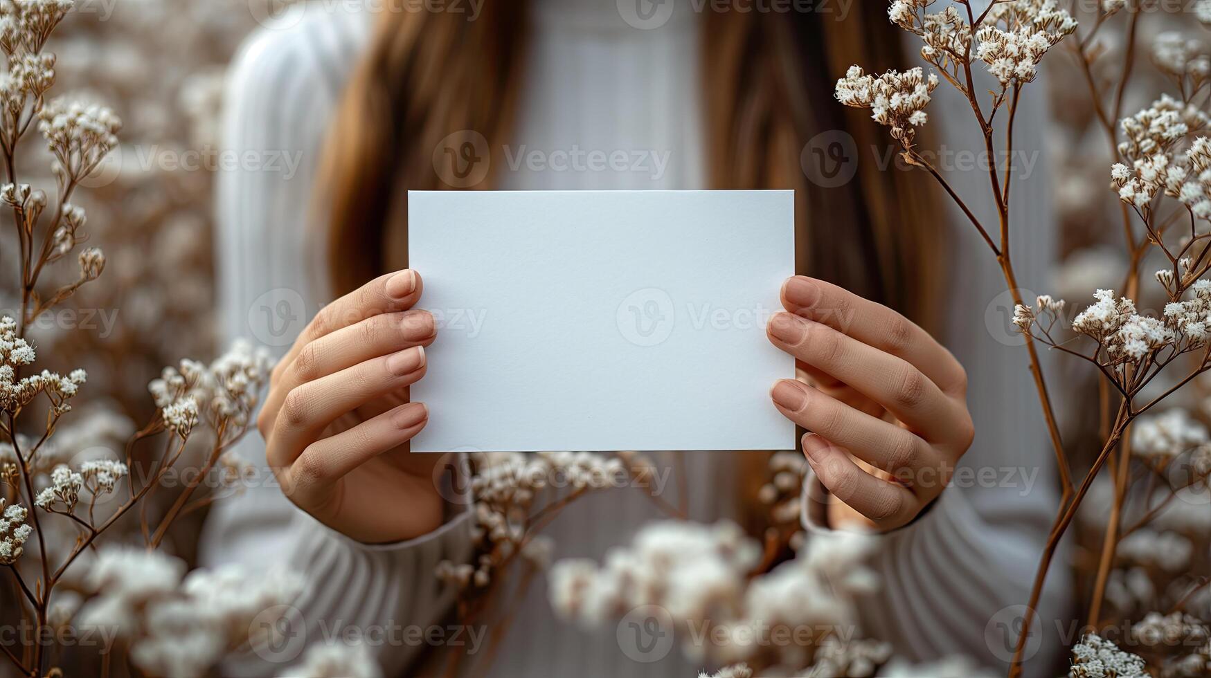 ai genererad kvinna händer innehav en vit företag kort med kopia Plats på en trä- tabell. foto
