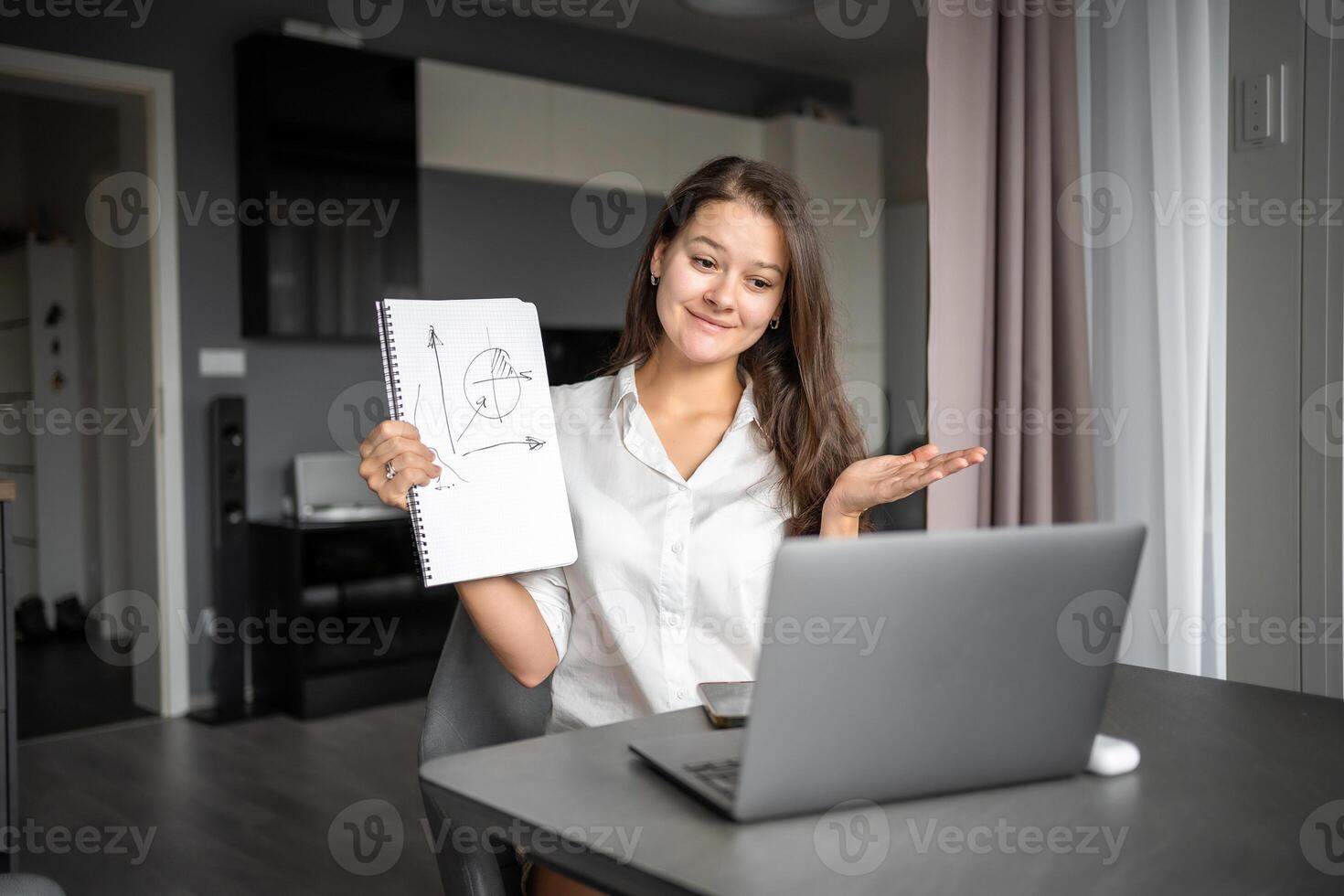 kvinna lärare har video konferens chatt med studerande eller klass grupp, använder sig av bärbar dator. kvinna talande till webbkamera, förklara. uppkopplad utbildning begrepp foto