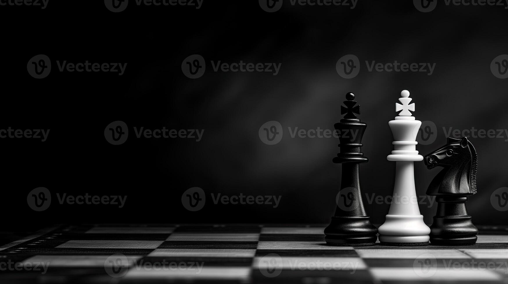 ai genererad schack två svart och vit kungar och en svart riddare stå på en schackbräde. sport spel. kopia Plats. makro fotografi. horisontell formatera. foto