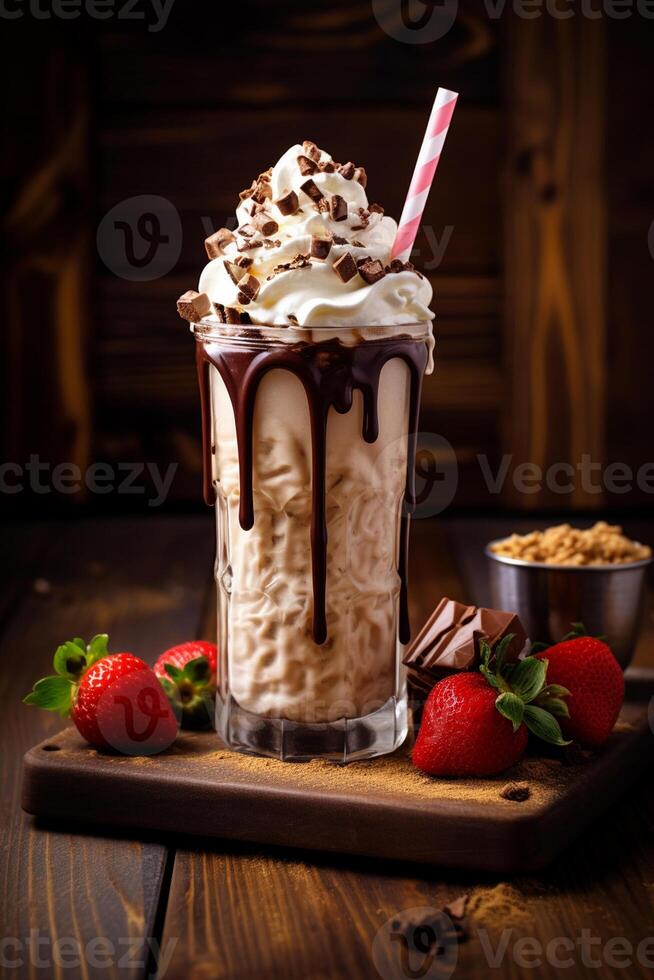 ai genererad gourmet mörk choklad milkshake med marshmallow foto