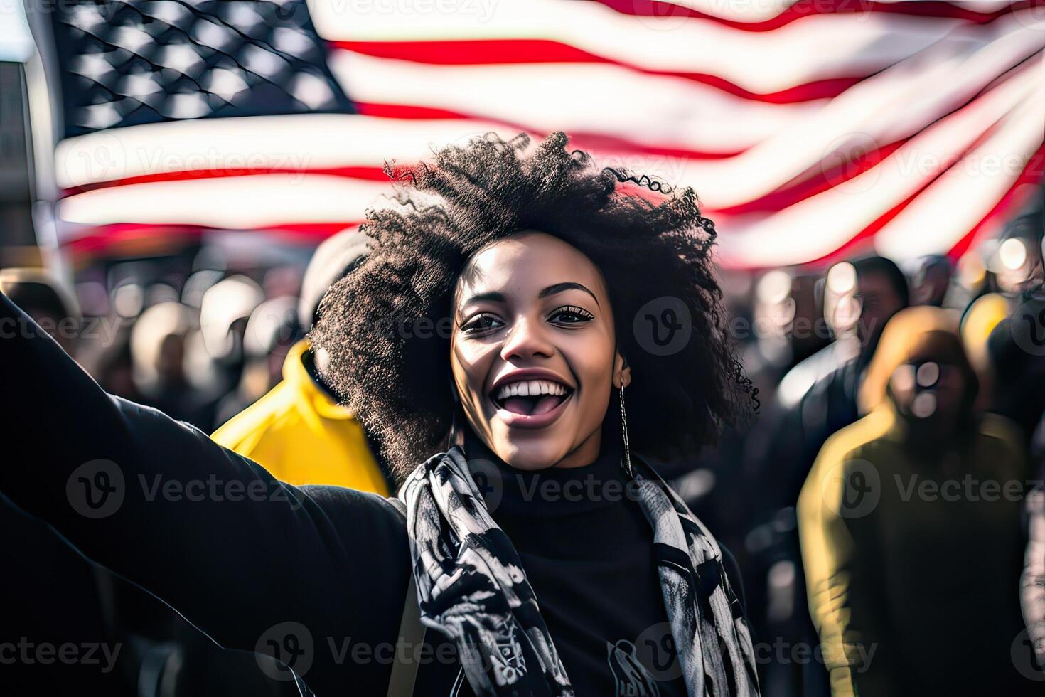 ai genererad en ung fast besluten afrikansk amerikan kvinna i främre av de USA flagga, positiv, stolt och självsäker, foto