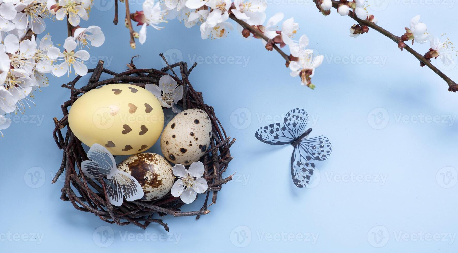 påsk ägg i en bo med blommor och en fjäril på en blå bakgrund foto