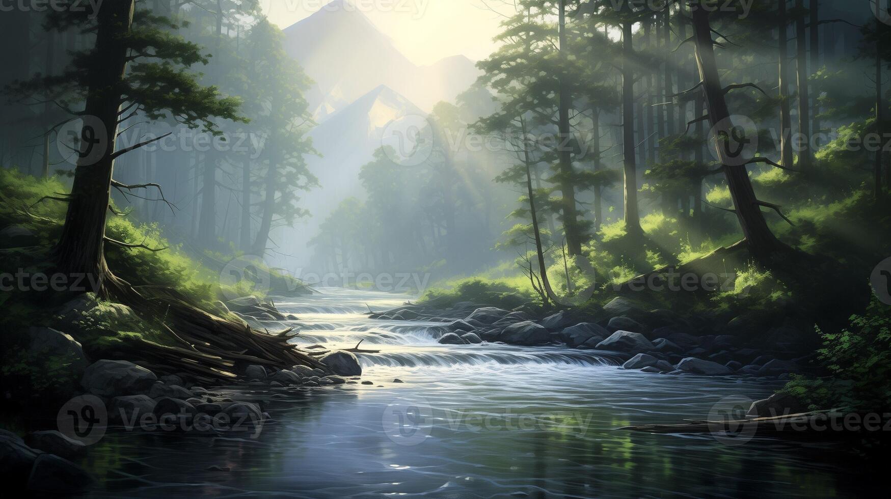 ai genererad en naturlig se av skog och flod med berg bakgrund i de morgon- med Sol stråle foto