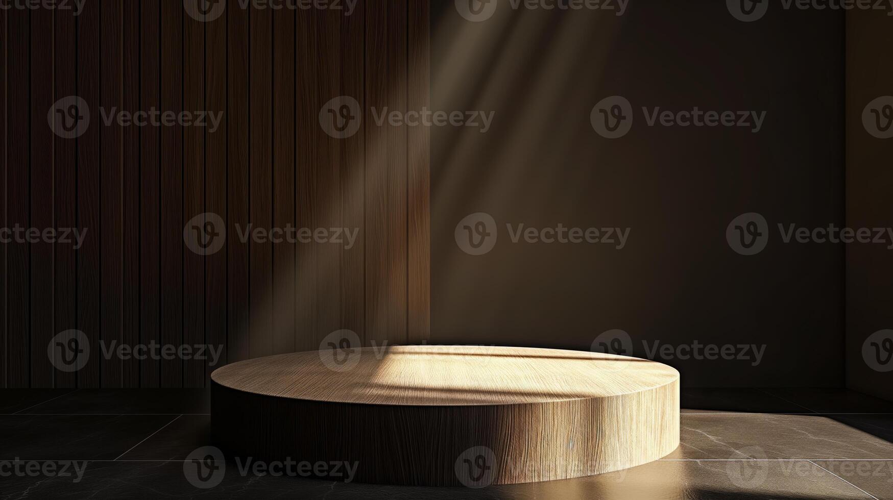 ai genererad runda trä- podium på minimal trä- rum bakgrund. representera minimal, gammal pengar och tyst lyx. geometri utställning skede attrapp begrepp. foto