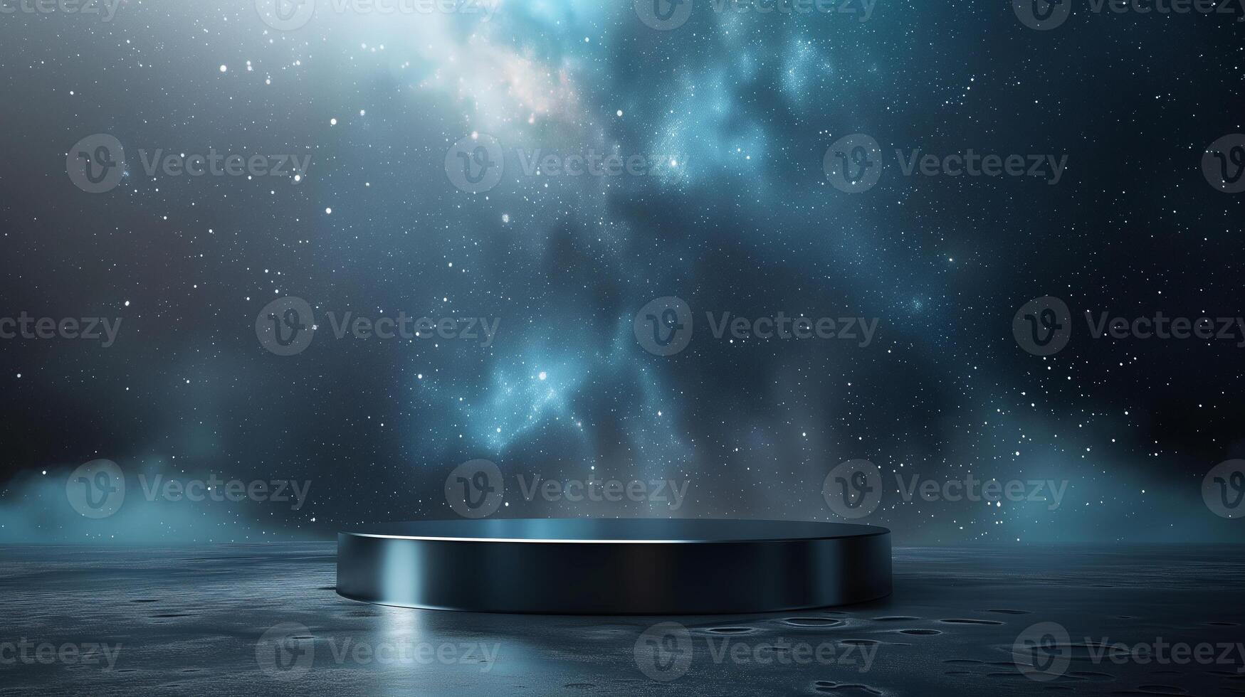 ai genererad tömma svart metalic podium på blå stjärna galax bakgrund för produkt presentation foto