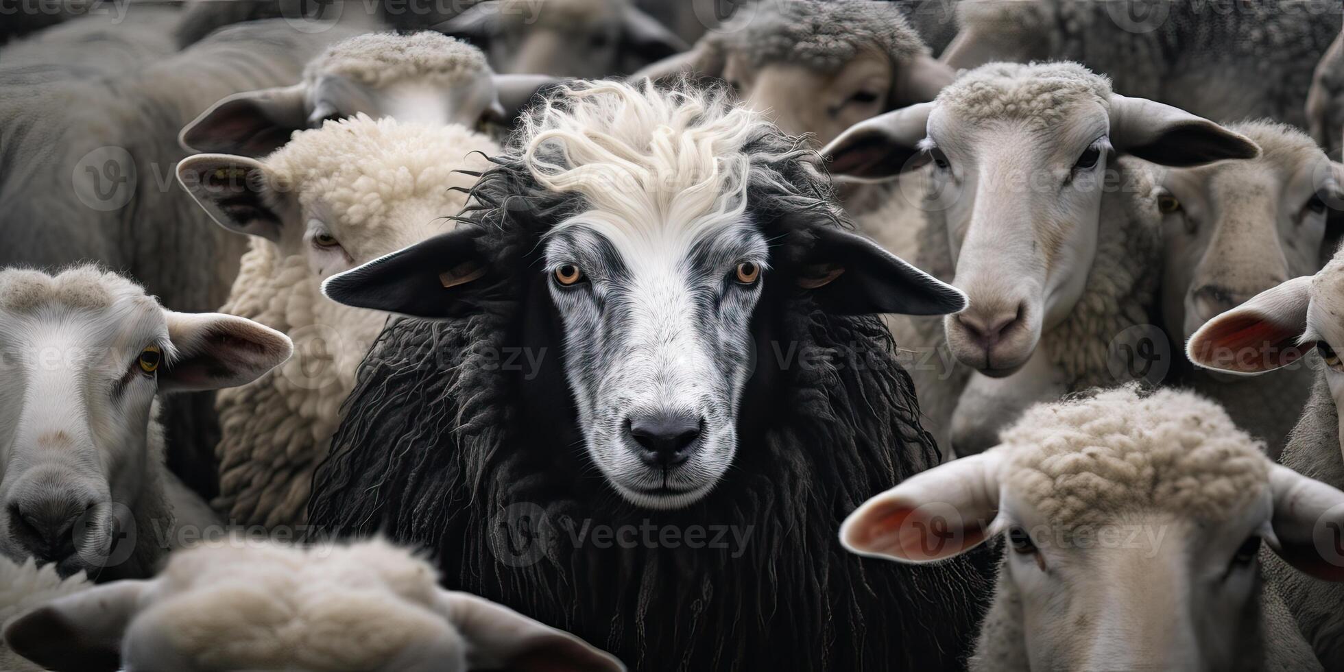 ai genererad en svart får bland en flock av vit får, höjning huvud som en ledare. begrepp av stående ut från foto