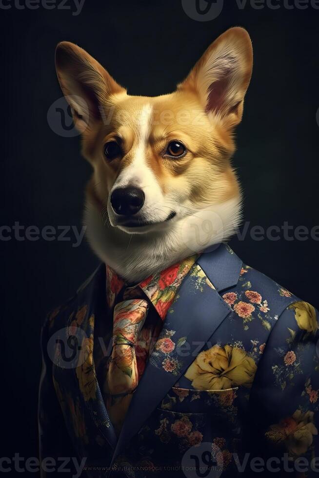 ai genererad hund, corgi klädd i ett elegant modern blommig kostym. mode porträtt av ett antropomorf djur, foto