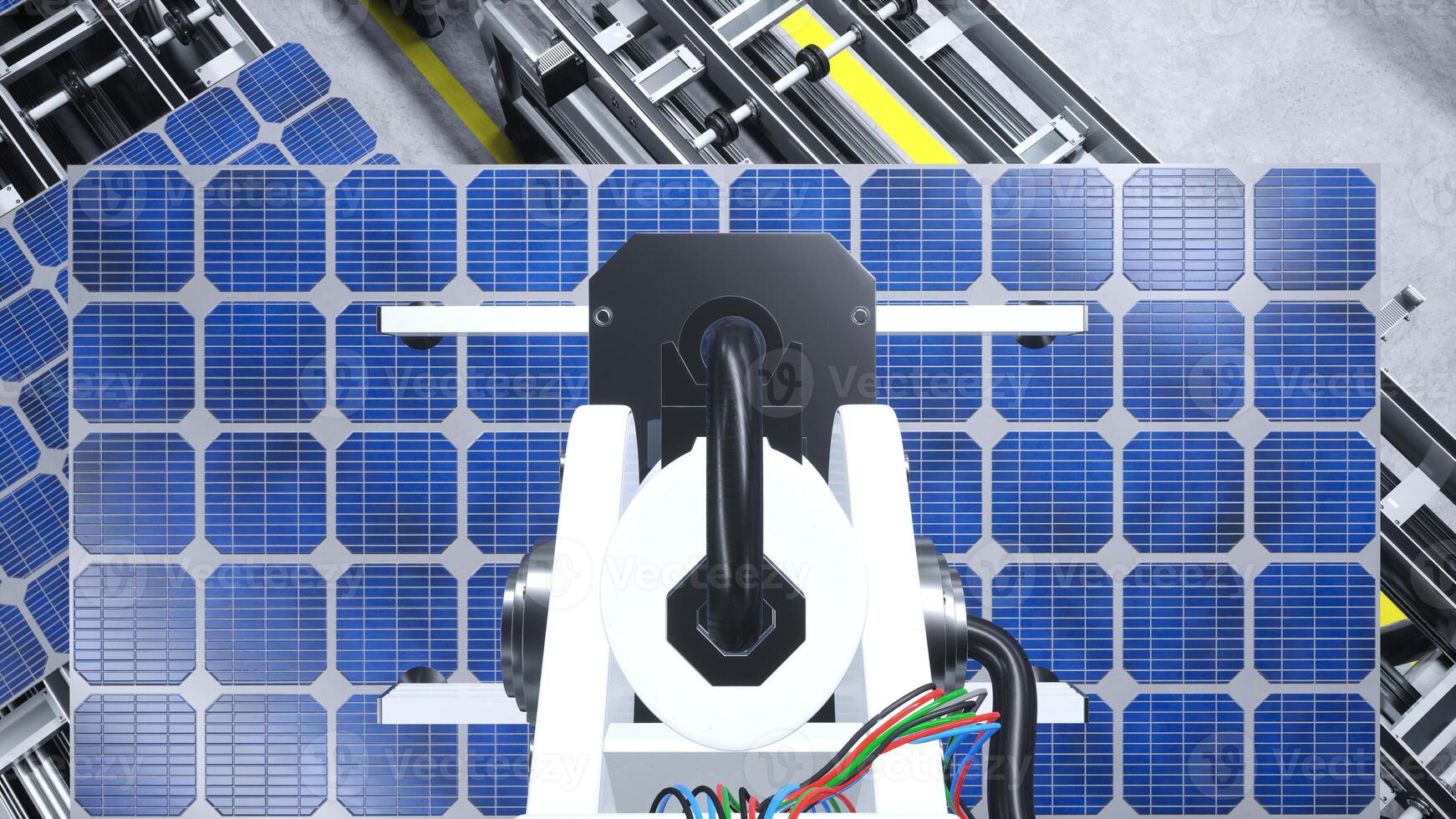 pOV av robot vapen rör på sig sol- paneler på transportband bälten under hög tech produktion bearbeta i grön teknologi fabrik, 3d illustration. tung redskap enhet placering pv celler på hopsättning rader foto