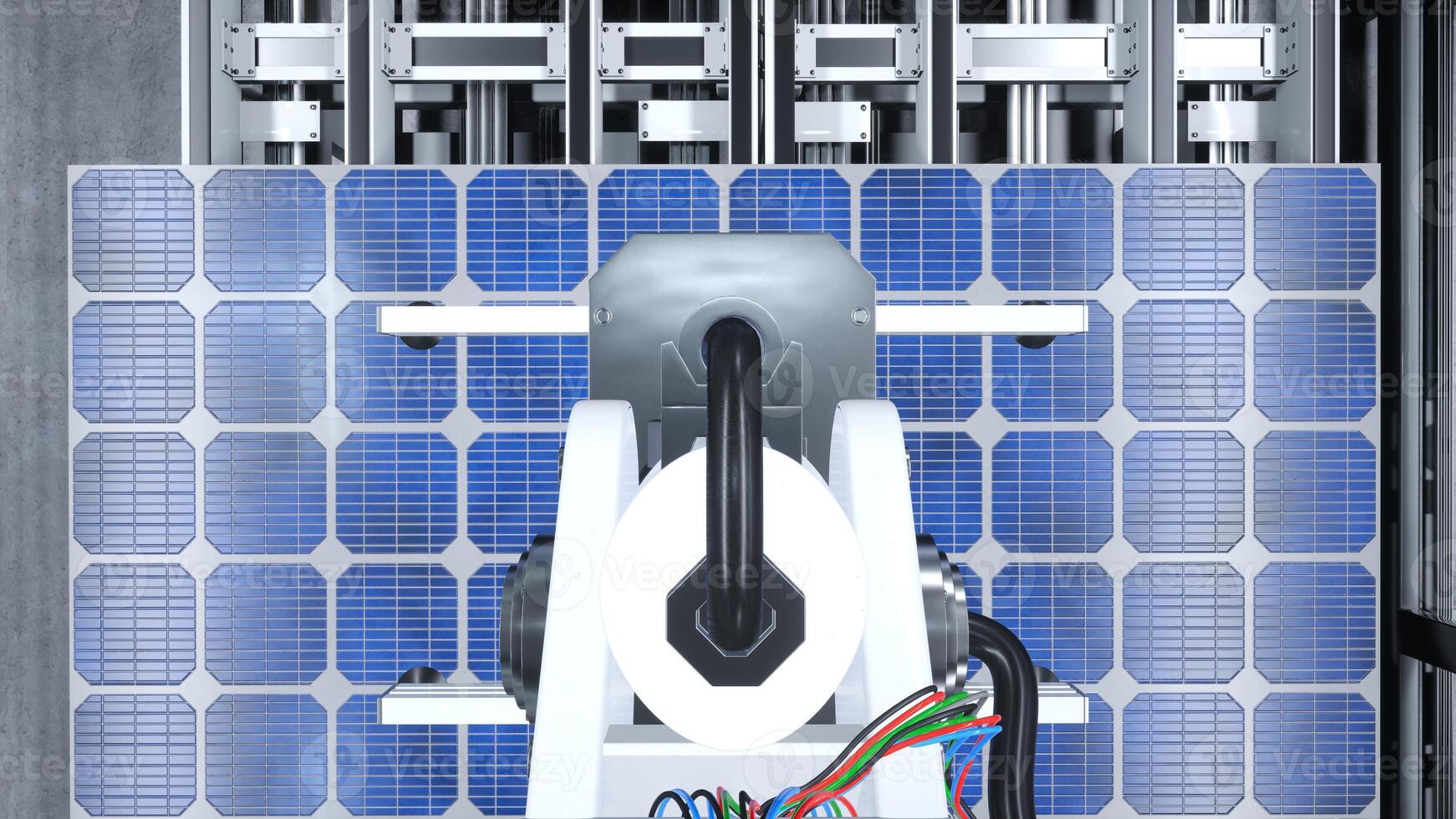 pOV skott av industriell robot ärm placering sol- panel på hopsättning linje i förnybar energi baserad fabrik, 3d illustration. tung maskineri enhet placering sol- cell på transportband bälten, stänga upp skott foto