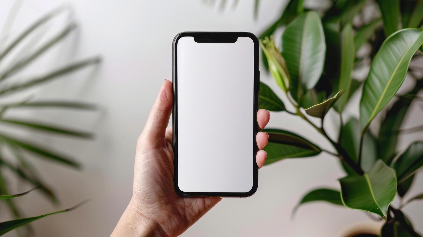 ai genererad närbild hand innehav en telefon med en tom vit skärm vände sig mot de kamera. vit bakgrund foto