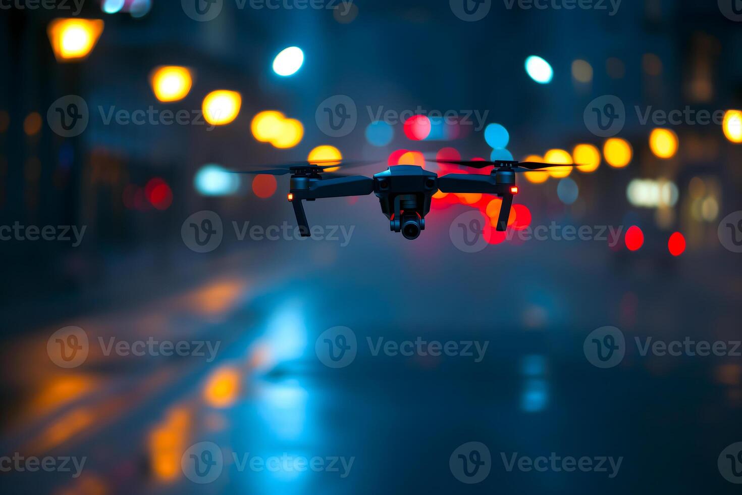 ai genererad copter Drönare flygande låg över gata på natt foto