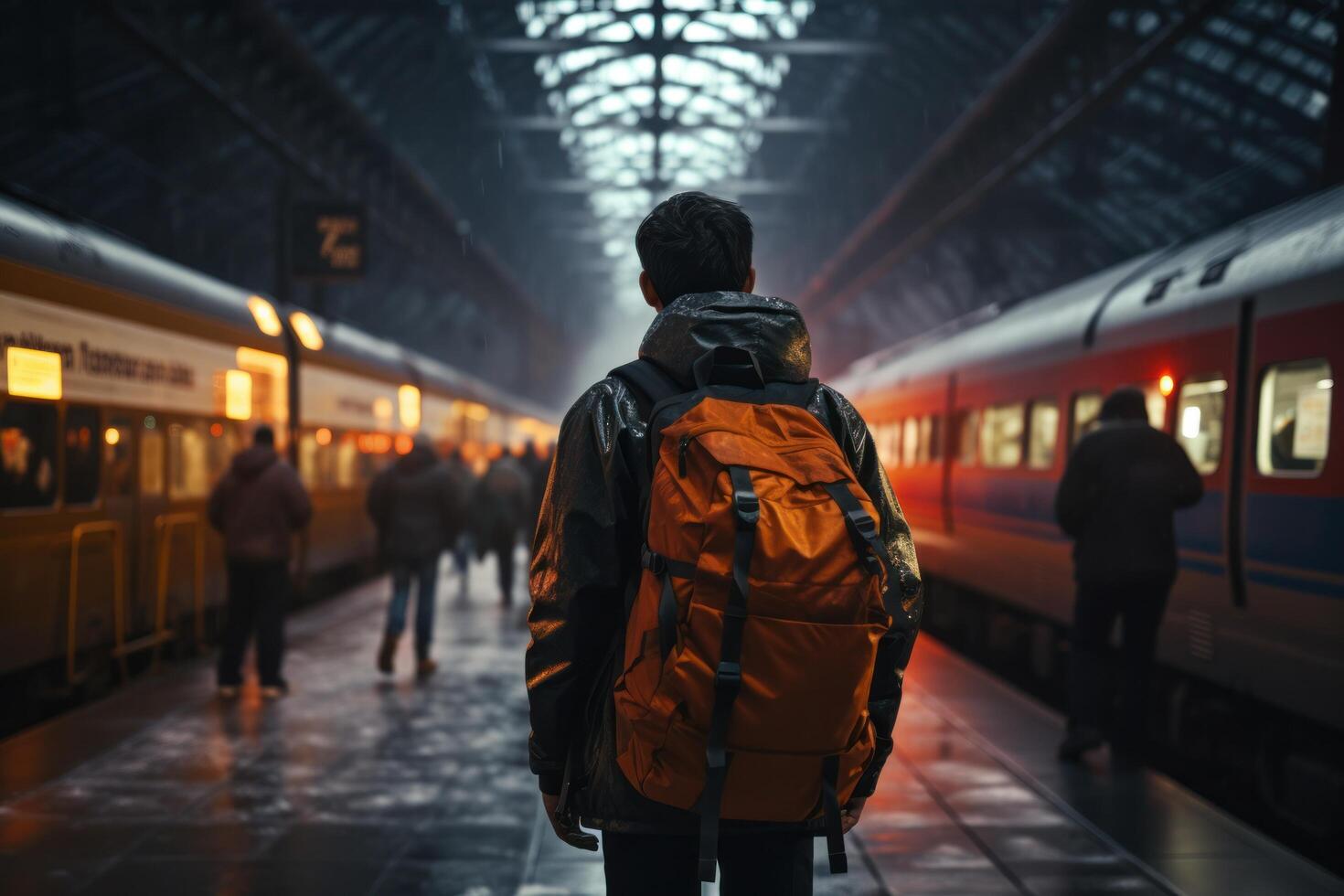 ai genererad person promenader genom de natt tåg station i en svart ryggsäck foto