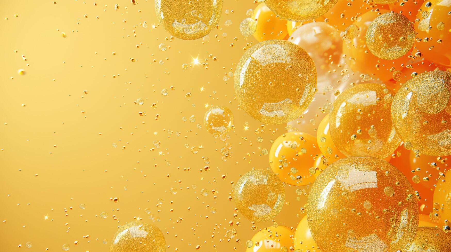 ai genererad ram av guld och transparent uppblåsbar ballonger med glitter på en minimalistisk gul bakgrund foto