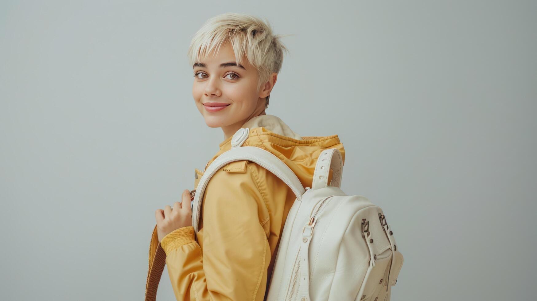ai genererad en ung kvinna med kort blond hår i en beige cyklist och gyllene byxor innehar en vit läder ryggsäck foto