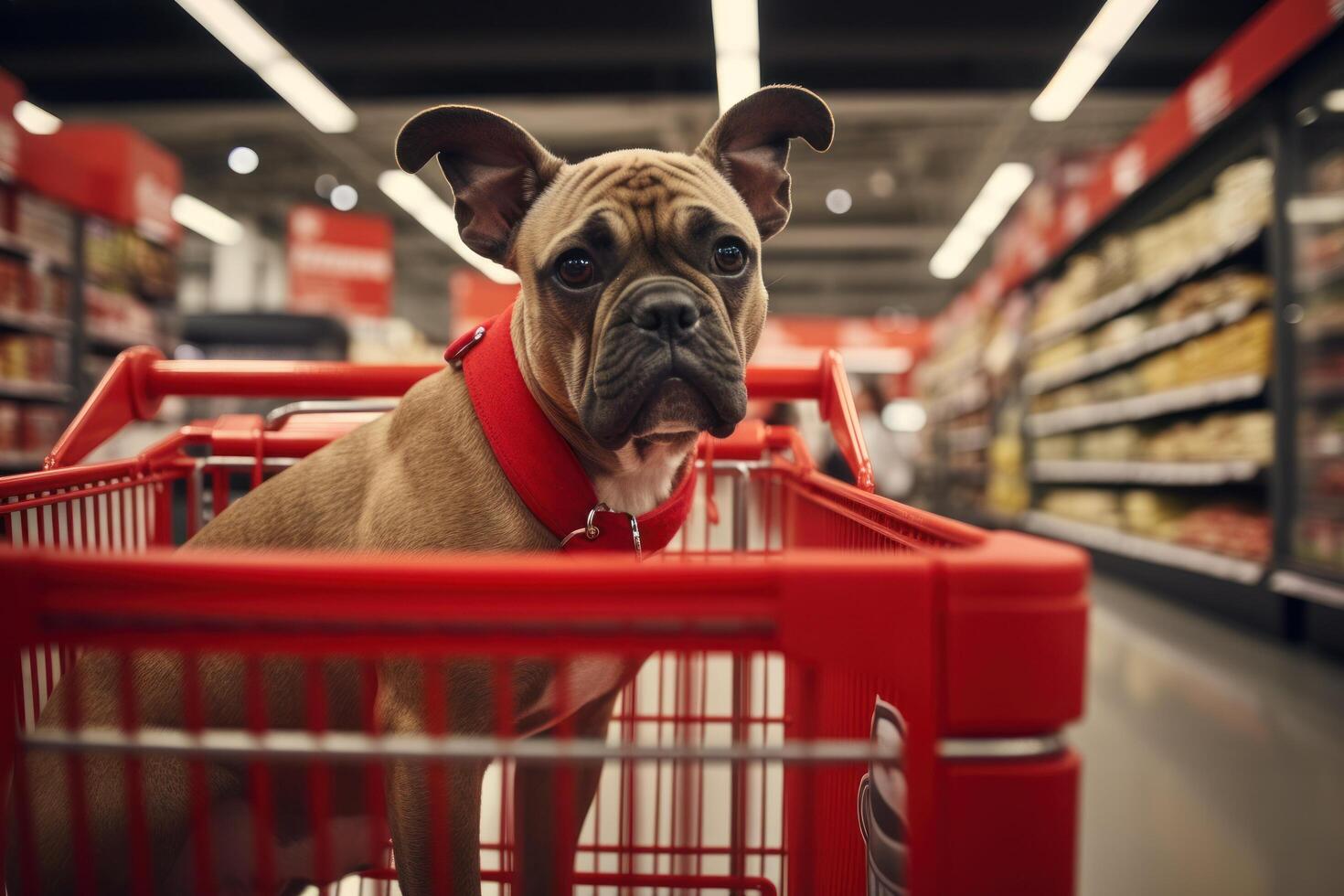 ai genererad en hund är i en handla vagn medan handla i en matvaror Lagra foto