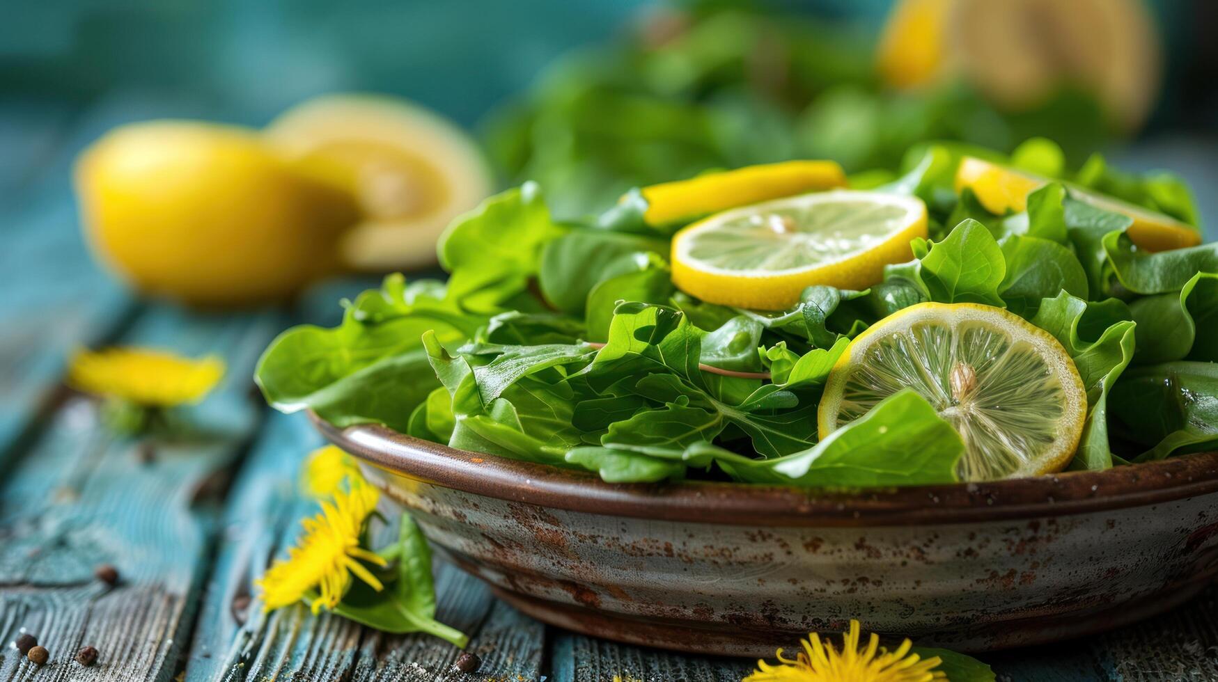 ai genererad sallad av grön sallad löv citron- och maskrosor på en tallrik på en trä- rustik tabell foto