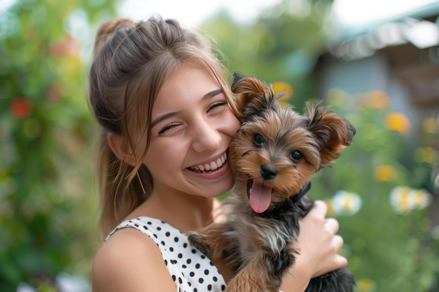 ai genererad en ung skön kvinna i en vit klänning med svart polka prickar är innehav en yorkshire terrier valp i henne händer foto