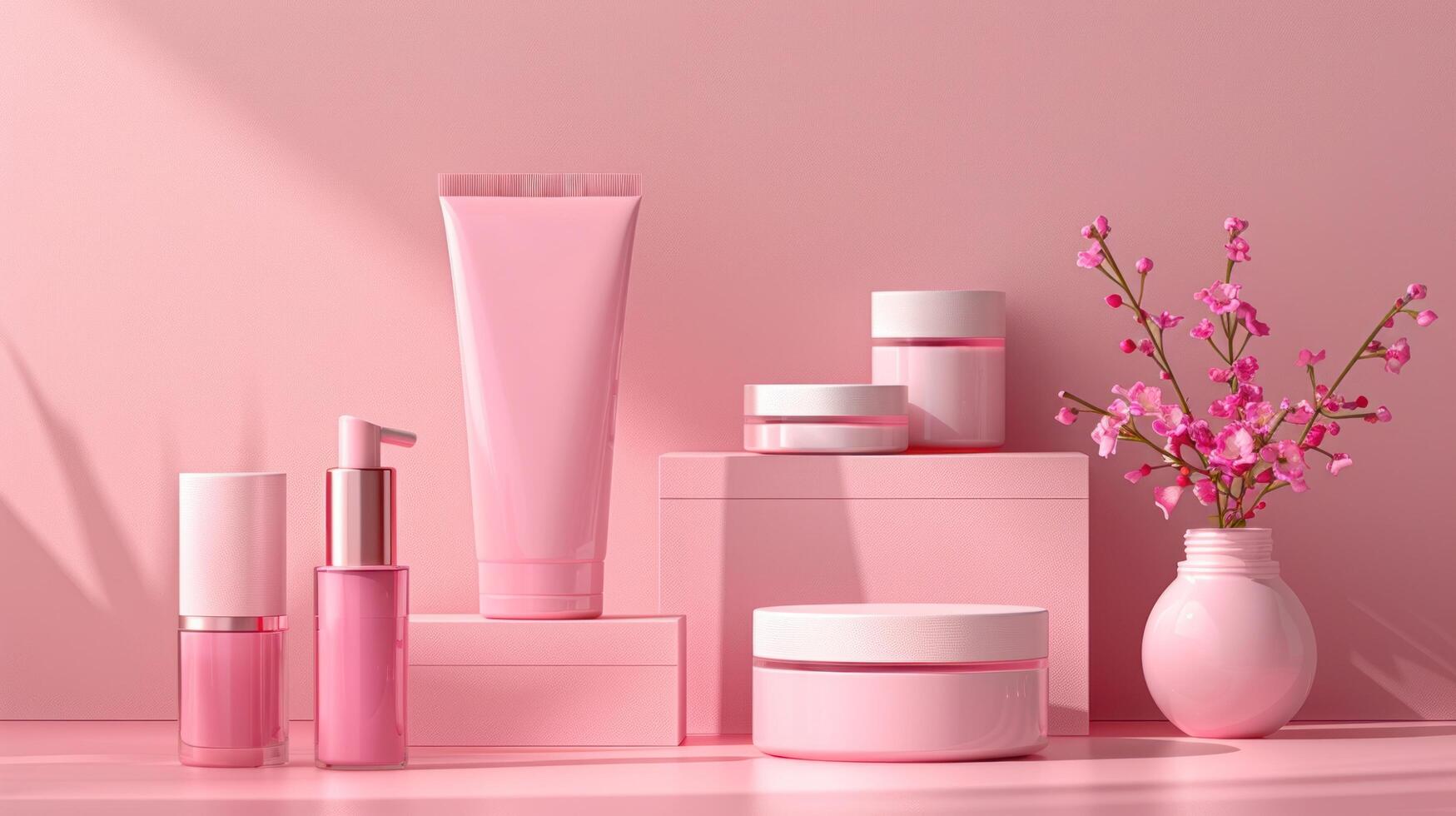 ai genererad en uppsättning av kosmetika i matt rosa toner utan en varumärke står på en minimalistisk rosa bakgrund foto