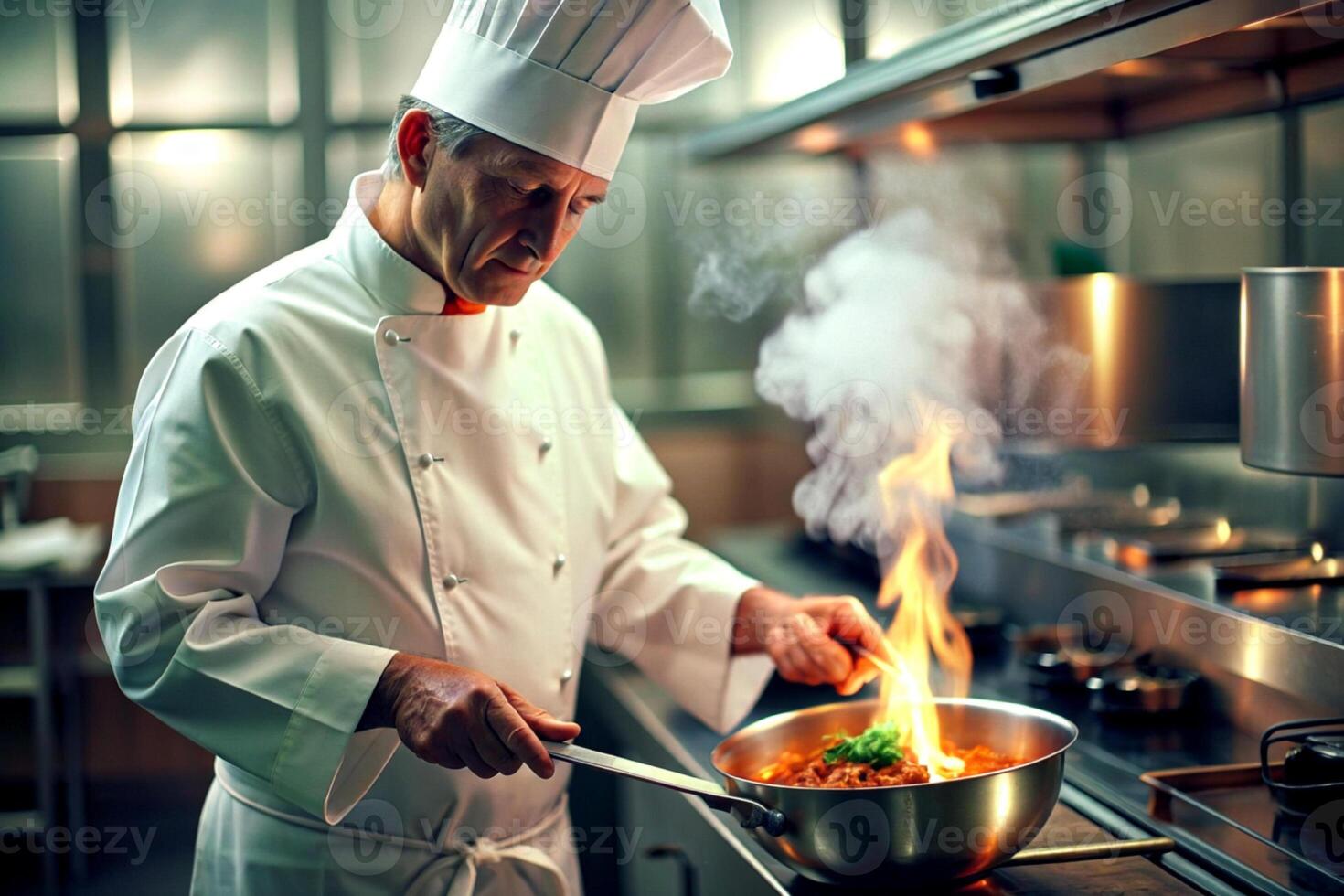 ai genererad kock i hotell eller restaurang kök matlagning, endast händer, han är arbetssätt på de sås foto