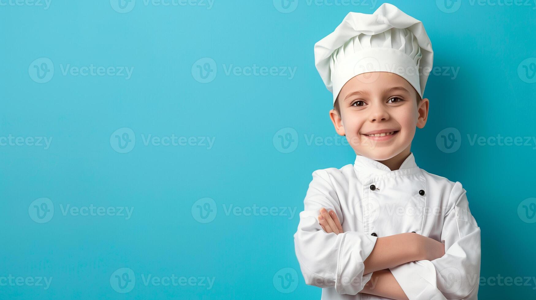 ai genererad en glad ung barn i en kockens hatt och jacka står stolt, representerar de glädje och entusiasm av kulinariska konst från en ung ålder foto