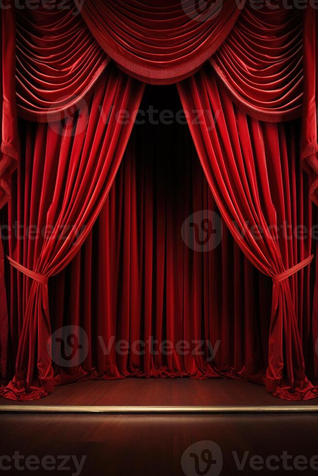 ai genererad vertikal scen bakgrund, röd ridå på skede av teater eller bio lite på glänt foto