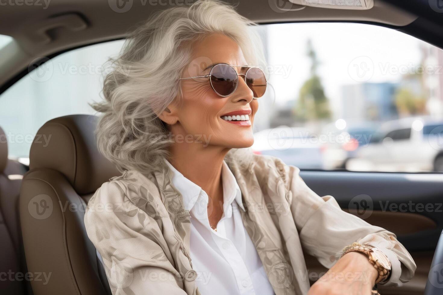ai genererad senior förare - Lycklig äldre kvinna i bil foto