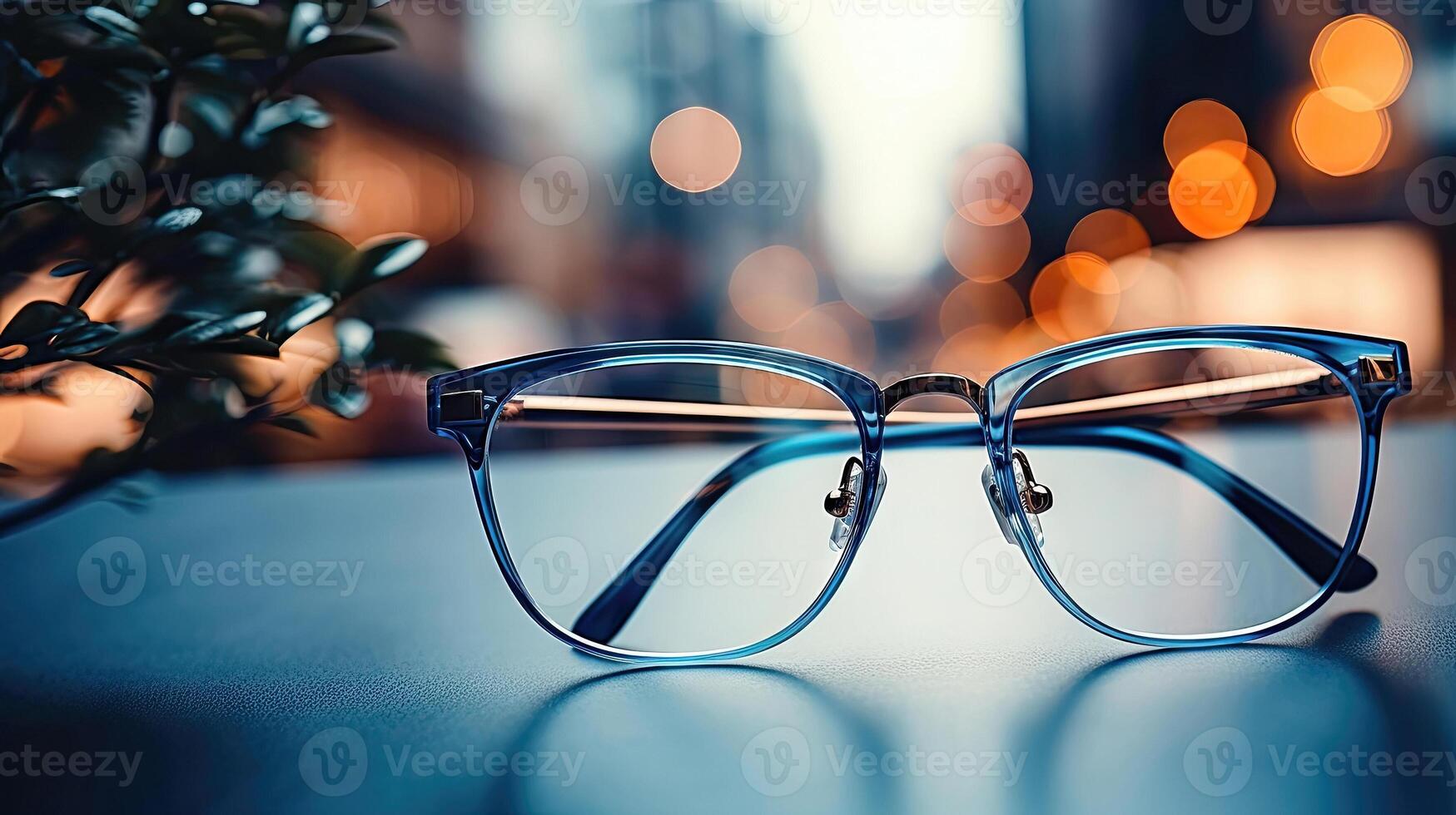 ai genererad eleganta elegant glasögon på yta med suddig bakgrund foto