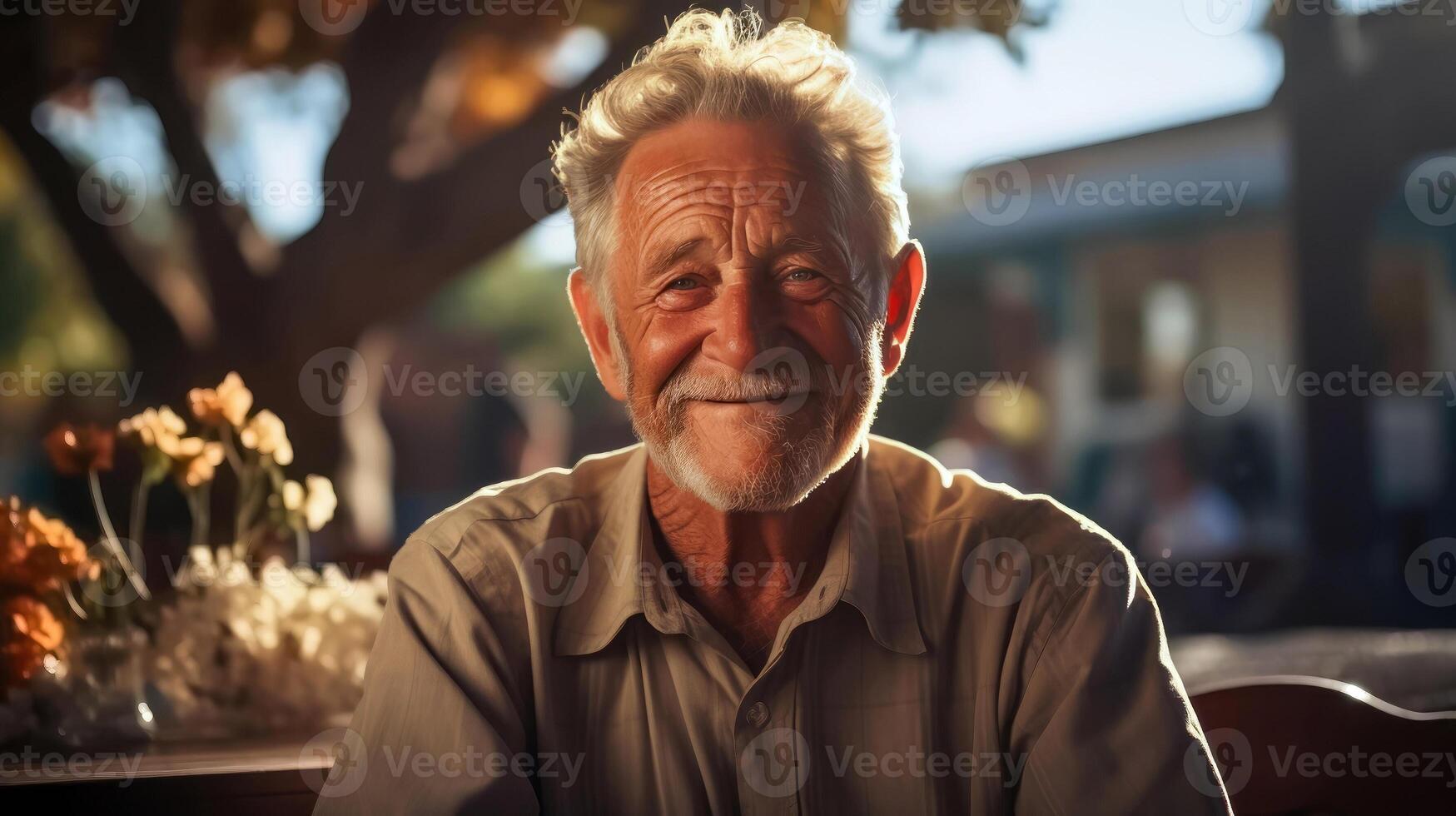 ai genererad äldre lycka - en glad man med gnistrande ögon i de trädgård nära de hus på en solig dag foto