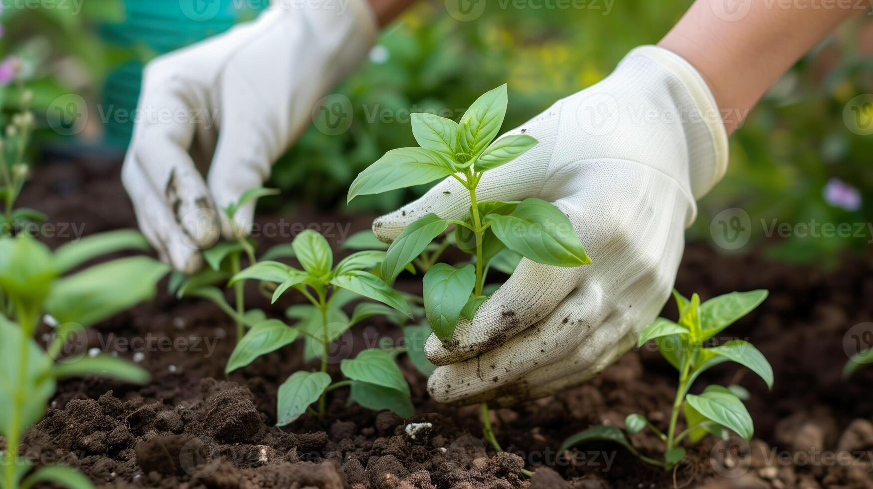 ai genererad händer i vit handskar försiktigt växt grön plantor in i rik, brun jord i en vibrerande trädgård. trädgårdsarbete, plantering begrepp bakgrund. foto