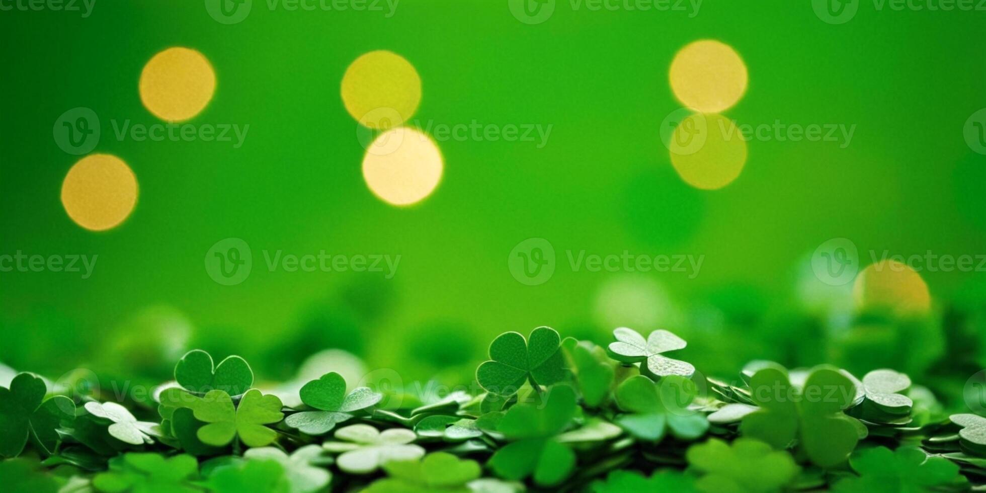 ai genererad klöver shamrocks, gyllene mynt och bokeh. festlig bild för st. Patricks dag. generativ ai. foto