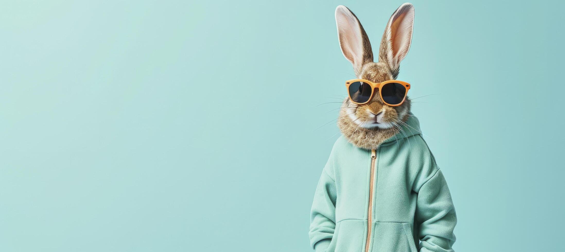 ai genererad rolig påsk begrepp Semester djur- firande hälsning kort - Häftigt söt påsk kanin, kanin med solglasögon och joggning kostym med kanin öron, isolerat på blå bakgrund foto