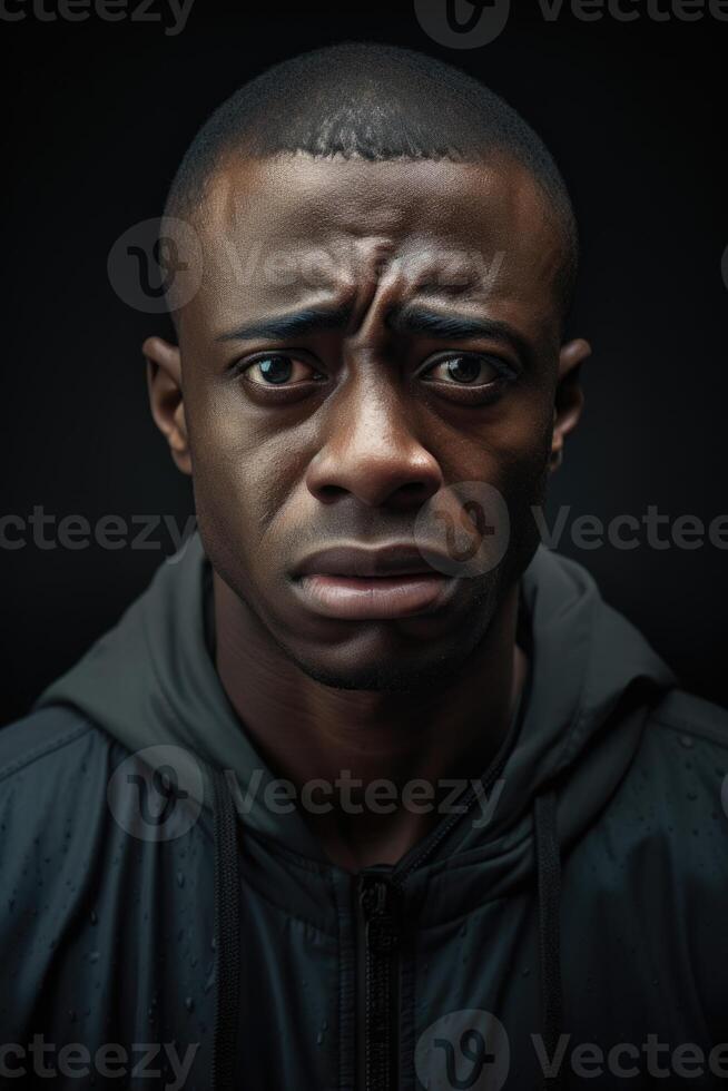 ai genererad porträtt av en allvarlig man av de afrikansk lopp på en svart bakgrund foto