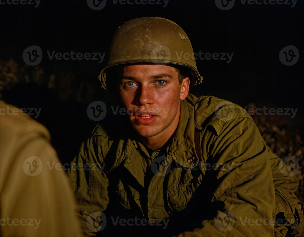 ai genererad Foto av intensiv soldat man i armén utrusta och hjälm i allvarlig farlig krig på natt, generativ ai